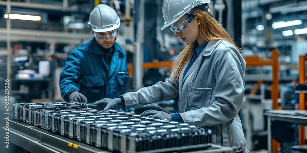 Poster workers in a battery production factory inspecting and assembling lithiumion batteries to meet quali