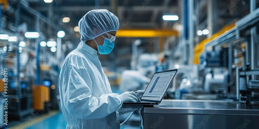 Poster using a laptop computer in a heavy industry factory while wearing sterile coversalls and face masks.