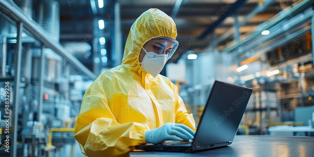 Poster using a laptop computer in a heavy industry factory while wearing sterile coversalls and face masks.