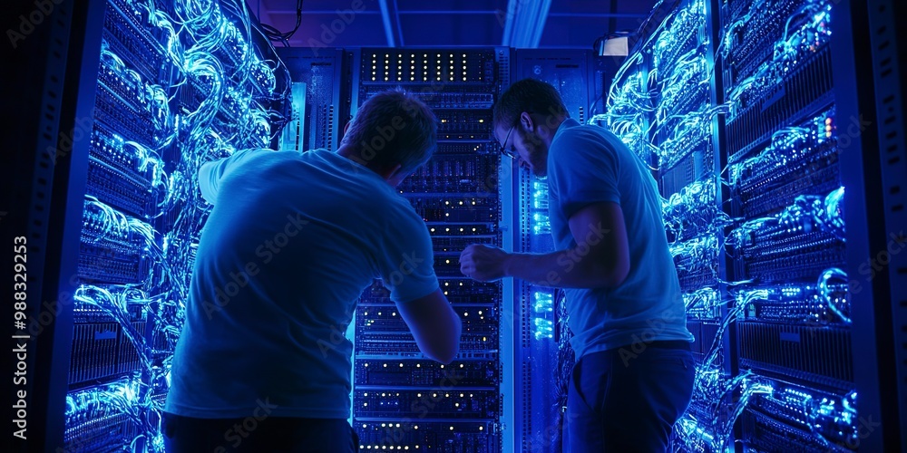 Poster two professionals configure a server in a data center with network cables and equipment illuminated 