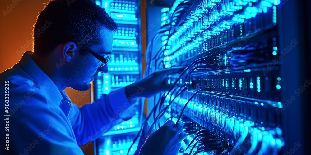 Poster two professionals configure a server in a data center with network cables and equipment illuminated 