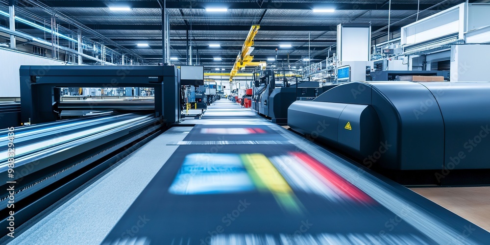 Poster the production floor of a big digital printing company with large print machines printing packaging 