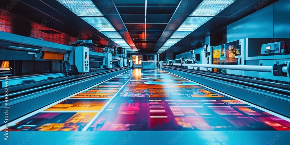 Poster the production floor of a big digital printing company with large print machines printing packaging 