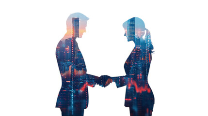 Double Exposure Silhouettes of Businessmen and Businesswomen Shaking Hands in Agreement with Modern Cityscape and Transparent Overlays of Financial Graphs