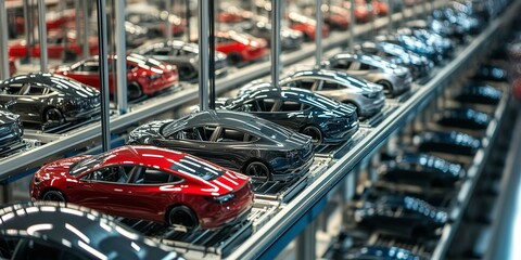 The mass production conveyor of modern cars is occupied by almost finished cars 