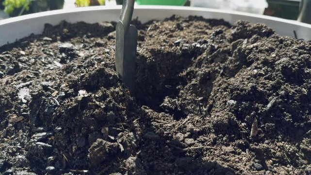 A hand placing an olla terracotta pot into soil on a rooftop garden