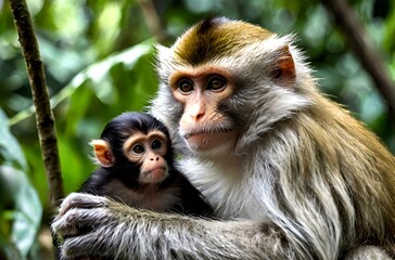 Fototapeta premium An innocent and beautiful little monkey mother and baby sitting on a tree in a forest