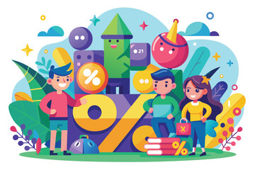 Two cheerful characters celebrate a discount event surrounded by playful décor, bright colors, and festive elements in a lively environment.