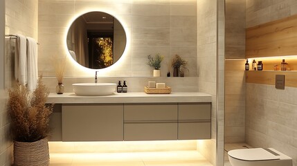 A serene Scandinavian bathroom with a round mirror and sleek floating vanity. The minimalist design is enhanced by soft lighting, light gray tiles, and wooden accents, creating a peaceful,