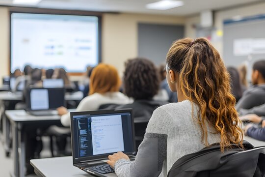 Focused adults working on computers in a classroom setting