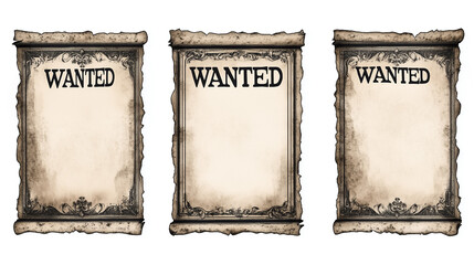 set of wild west wanted posters isolated on white background