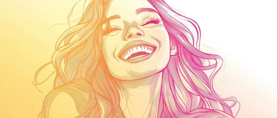 Line art illustration featuring a warm gradient of a cartoon woman with a joyful expression and laughter