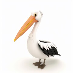 Cute, funny pelican in 3D style on a white background
