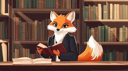 A Fox in a Suit Reading a Book in a Library