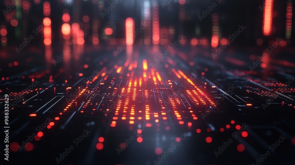 Poster complex blockchain structure while viewing data in the stock market area controlled by modern techno