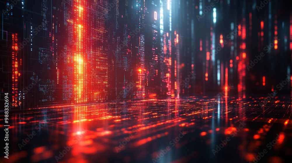 Poster complex blockchain structure while viewing data in the stock market area controlled by modern techno
