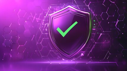 Protection. Healthcare. Insurance. Cyber security. Network safety. Protection shield with green Check mark icon inside transparent sphere shield with hexagon pattern on purple background. Vector illus