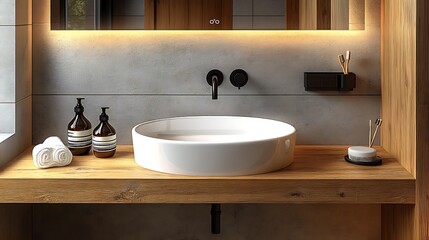 Fototapeta premium A sleek Nordic bathroom featuring a floating wood shelf, a white ceramic sink, and minimalist black fixtures. The clean lines and natural textures create a warm, modern space with soft lighting,