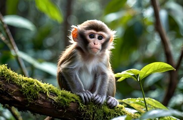 Scene of a little monkey with an innocent and beautiful face sitting on a tree in a forest