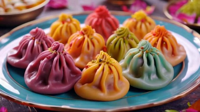Ganesh Chaturthi Festival. Colorful Modaks Indian sweet dumpling on Plate food, dessert, cake, sweet, fruit, fresh, plate, candy, delicious, colorful, snack, chocolate,  4k hd video 4k