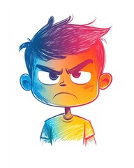 Line art illustration of a cartoon boy with an annoyed expression featuring a rainbow gradient design