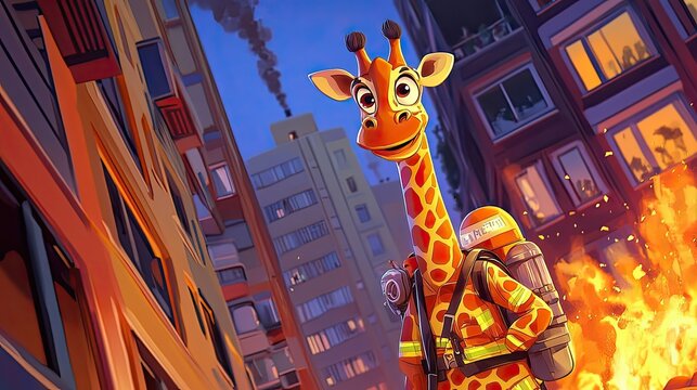 A Giraffe Firefighter Standing in Front of a Burning Building