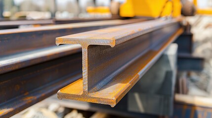 Close-up of a steel beam being lifted by a crane in a construction site, symbolizing the sale and transportation of steel in a construction project, with a shiny metallic surface reflecting