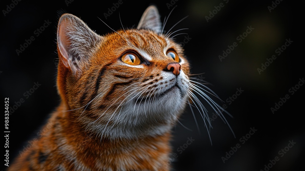 Poster a close-up of a cat gazing upwards with a focused expression.