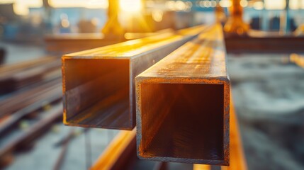 Close-up of a steel beam being lifted by a crane in a construction site, symbolizing the sale and transportation of steel in a construction project, with a shiny metallic surface reflecting