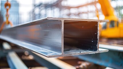 Close-up of a steel beam being lifted by a crane in a construction site, symbolizing the sale and transportation of steel in a construction project, with a shiny metallic surface reflecting