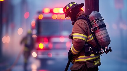 Firefighter is ready for action. Emergency response, bravery, and readiness in firefighting profession.