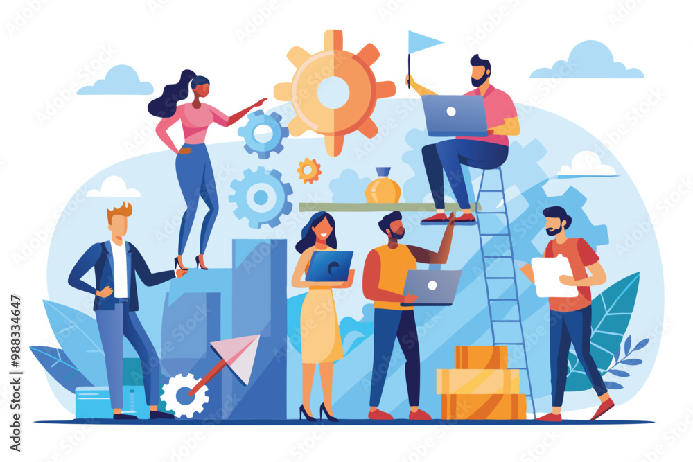 Poster a diverse group of professionals collaborates, utilizing laptops and tools, surrounded by gears and 