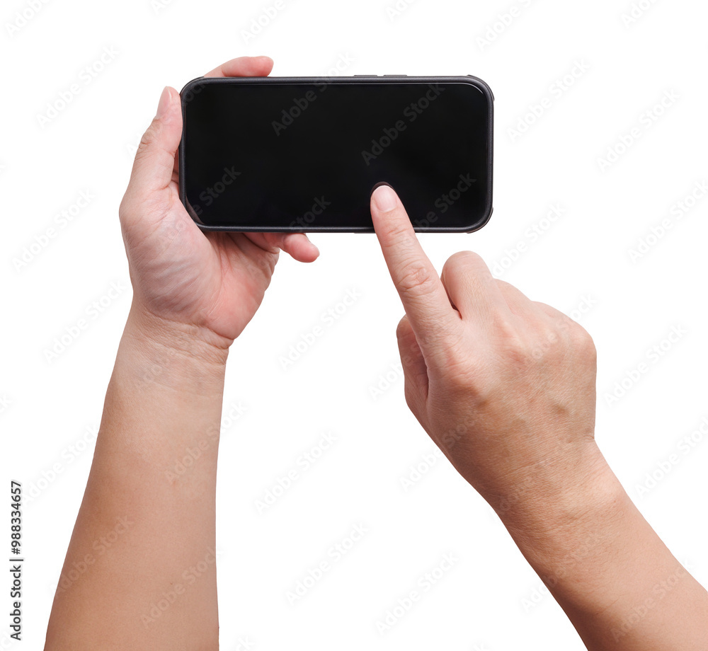 Poster hand holding smartphone and touch at the screen for scrolling the application. background cutout mob