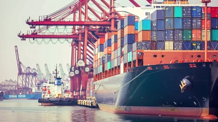 A large cargo ship docked at a port, with containers stacked high and cranes idle in the background.