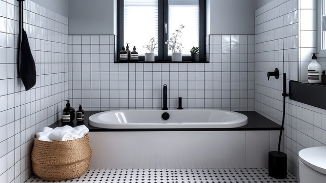 A sleek Nordic bathroom with black and white geometric tiles, minimalist black fixtures, and a monochrome palette. The sharp lines and contrasting colors create a bold and contemporary aesthetic,