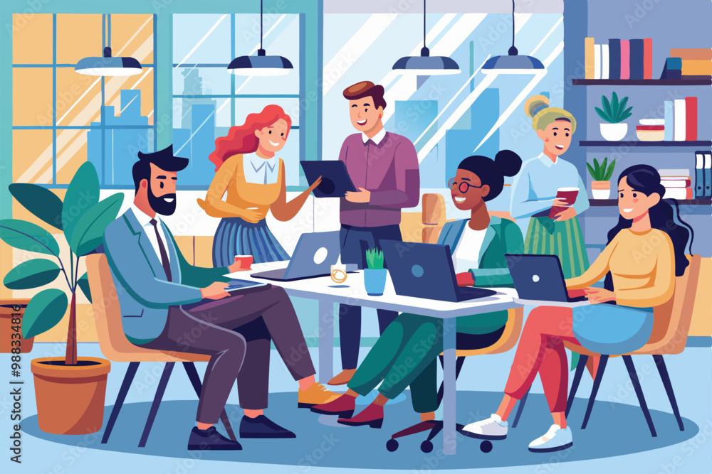 Poster a group of diverse professionals collaborates in a vibrant office, discussing ideas while using lapt