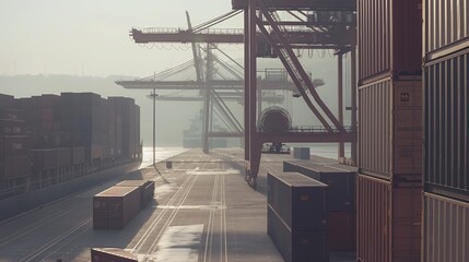 A large cargo ship docked at a port, with containers stacked high and cranes idle in the background.