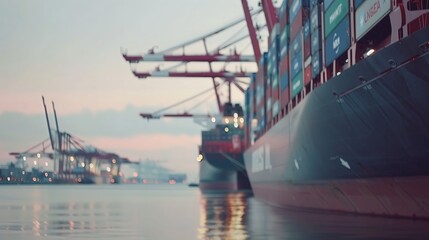A large cargo ship docked at a port, with containers stacked high and cranes idle in the background.