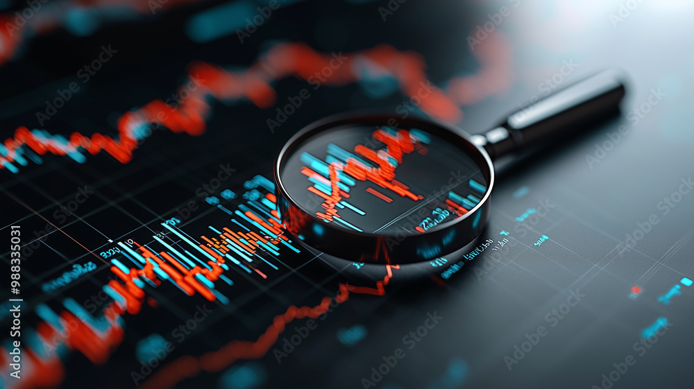 Aufkleber magnifying glass hovers over financial data and graphs, highlighting trends and fluctuations in dynamic market environment. This image captures essence of analysis and investment strategies