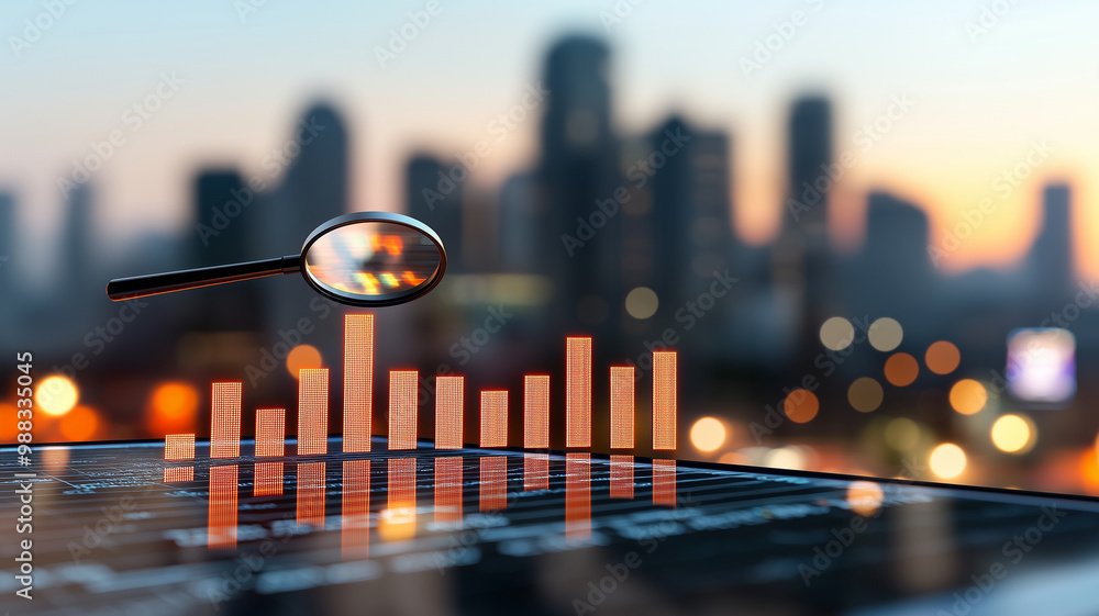 Poster magnifying glass hovers over financial data and graphs, symbolizing analysis and insight in bustling