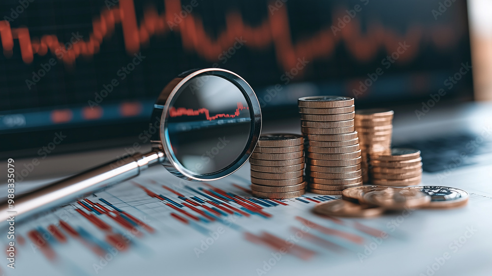 Poster financial data analysis is enhanced by magnifying glass focusing on stacked coins and graphs, symbol