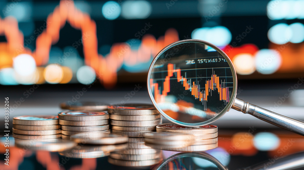Poster magnifying glass hovers over financial data and graphs, emphasizing importance of analysis in invest