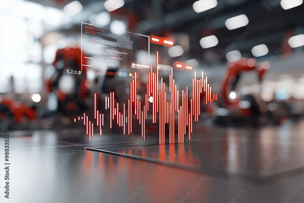 Poster Futuristic smart factory scene showcasing advanced technology with data visualization and robotic arms in background. atmosphere conveys innovation and efficiency
