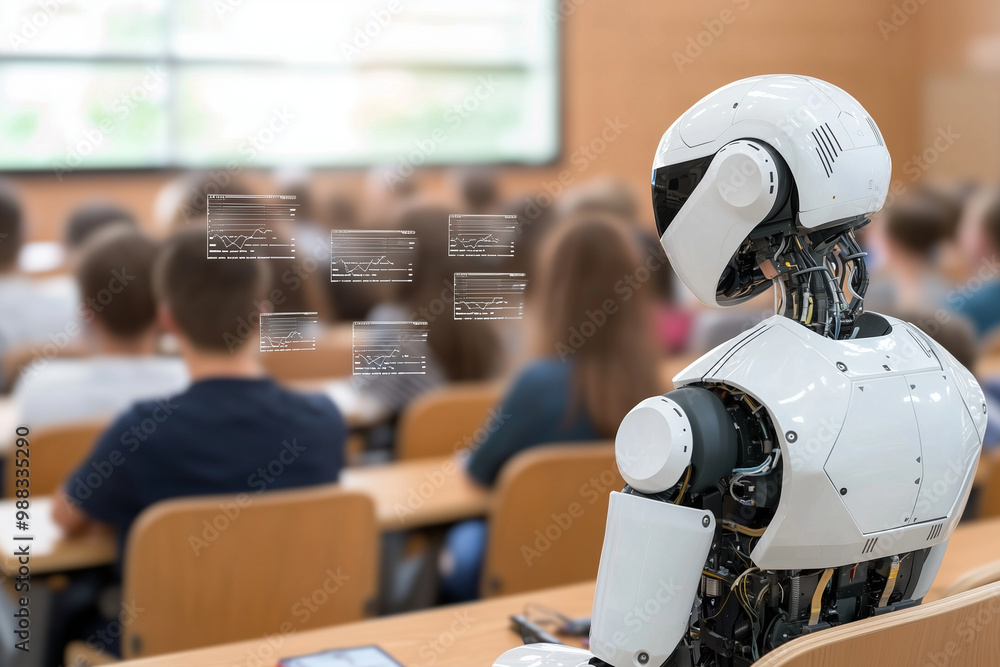 Poster humanoid robot observes classroom filled with students, showcasing blend of technology and education. robots advanced features highlight future of learning environments