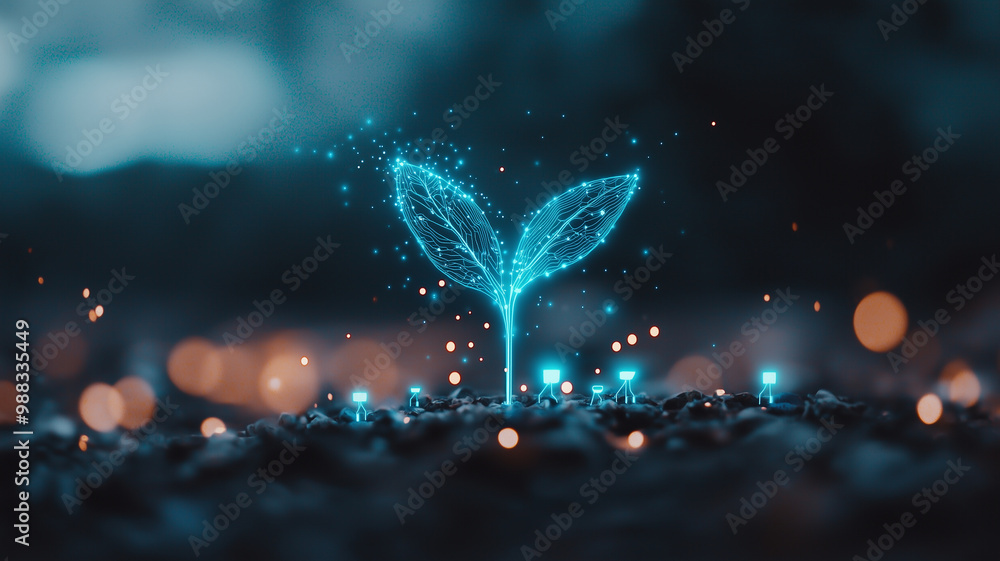 Poster small seed is sprouting into vibrant plant, glowing with digital energy and surrounded by magical at