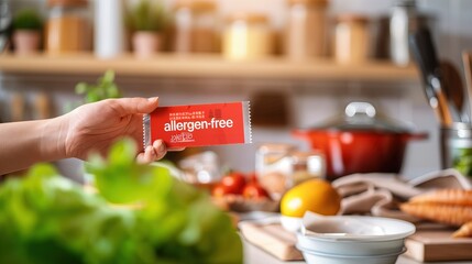 Close-up of hand holding small red allergen-free label on food package, highlighting importance of allergen awareness and safety in food consumption.