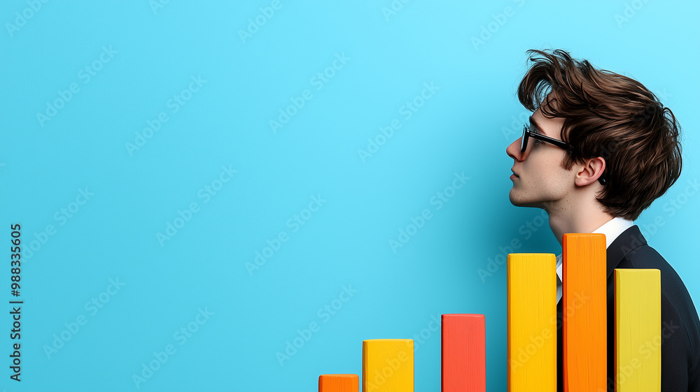 Poster young man in suit stands beside colorful bar graphs, symbolizing growth and success. his thoughtful 