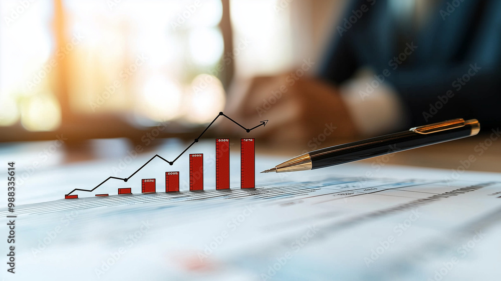 Poster image depicts business setting with focus on financial growth chart and pen, symbolizing progress and analysis. upward trend in graph conveys sense of success and achievement in financial matters