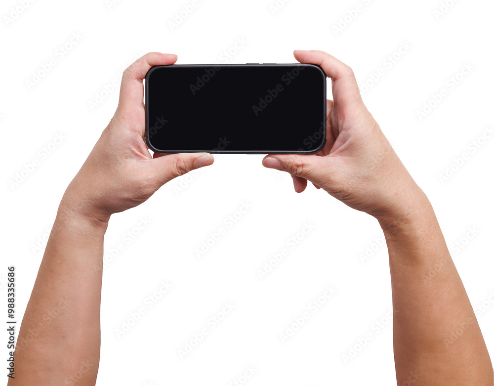 Poster hand is holding a smartphone in horizontal with a thumb touch on screen isolated in white background