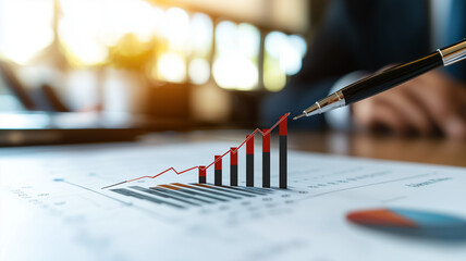 image showcases close up of financial report with pen pointing at rising bar graph, symbolizing growth and success in business. warm lighting adds professional atmosphere